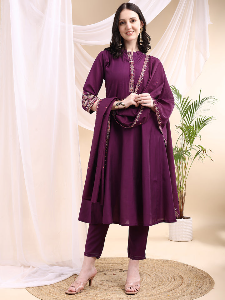 Ethnic Motifs Embroidered V-Neck Pure Cotton Kurta With Trousers & Dupatta