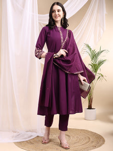 Ethnic Motifs Embroidered V-Neck Pure Cotton Kurta With Trousers & Dupatta