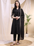 Ethnic Motifs Embroidered V-Neck Pure Cotton Kurta With Trousers & Dupatta