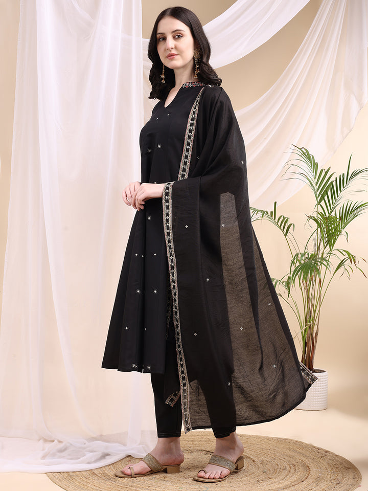 Ethnic Motifs Embroidered V-Neck Pure Cotton Kurta With Trousers & Dupatta