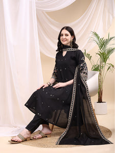Ethnic Motifs Embroidered V-Neck Pure Cotton Kurta With Trousers & Dupatta