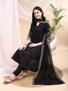 Ethnic Motifs Embroidered V-Neck Pure Cotton Kurta With Trousers & Dupatta