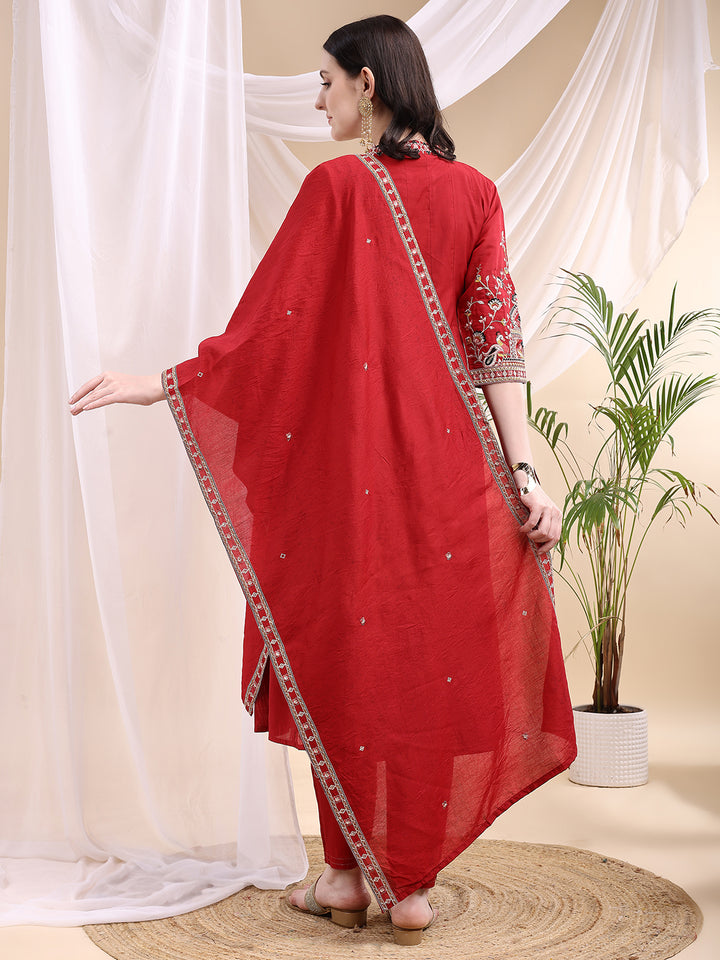 Ethnic Motifs Embroidered V-Neck Pure Cotton Kurta With Trousers & Dupatta