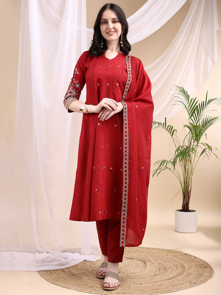 Ethnic Motifs Embroidered V-Neck Pure Cotton Kurta With Trousers & Dupatta