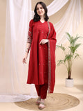 Ethnic Motifs Embroidered V-Neck Pure Cotton Kurta With Trousers & Dupatta