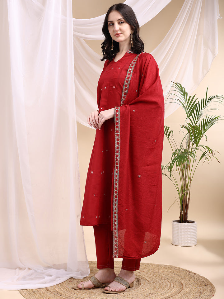 Ethnic Motifs Embroidered V-Neck Pure Cotton Kurta With Trousers & Dupatta