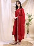 Ethnic Motifs Embroidered V-Neck Pure Cotton Kurta With Trousers & Dupatta