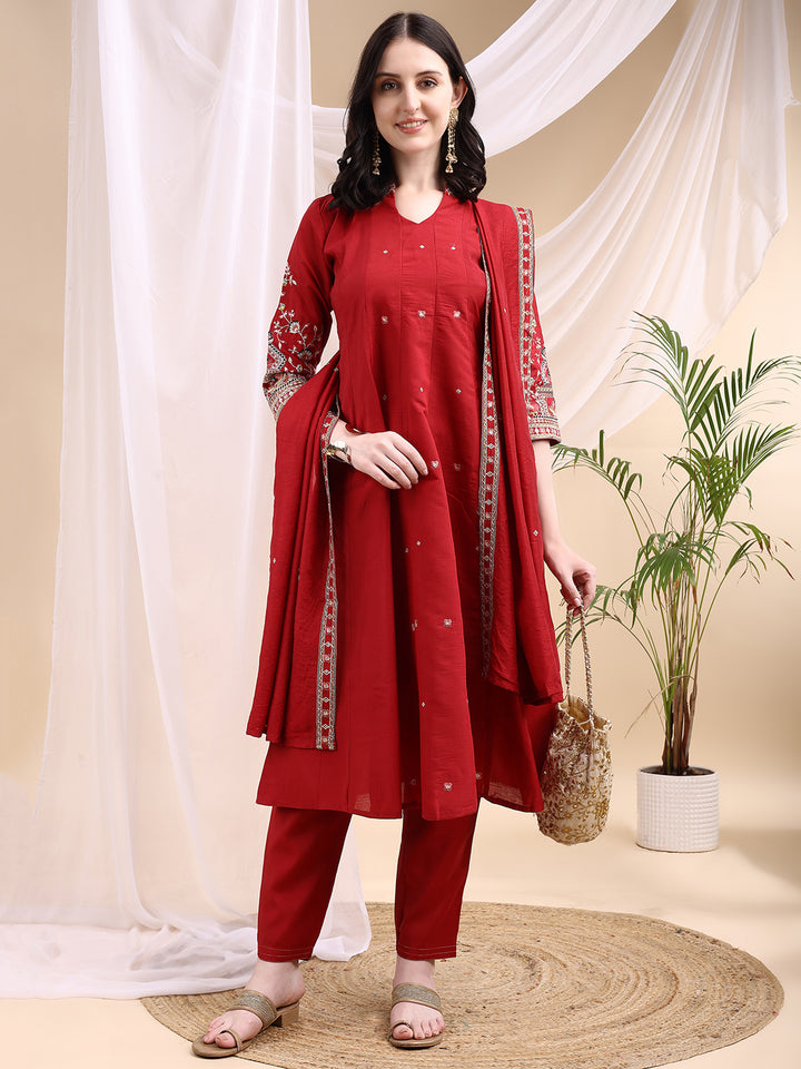 Ethnic Motifs Embroidered V-Neck Pure Cotton Kurta With Trousers & Dupatta