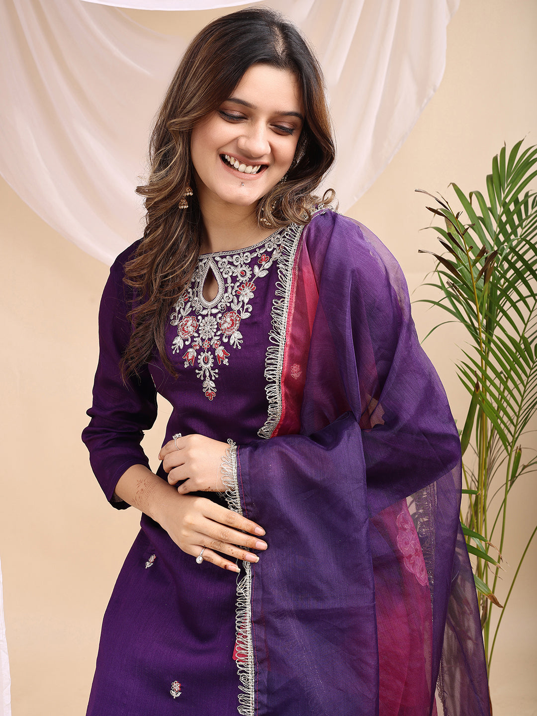 Purple Embroidered Silk Kurta Set with Dual-Tone Organza Dupatta 3 Piece Festive Suit