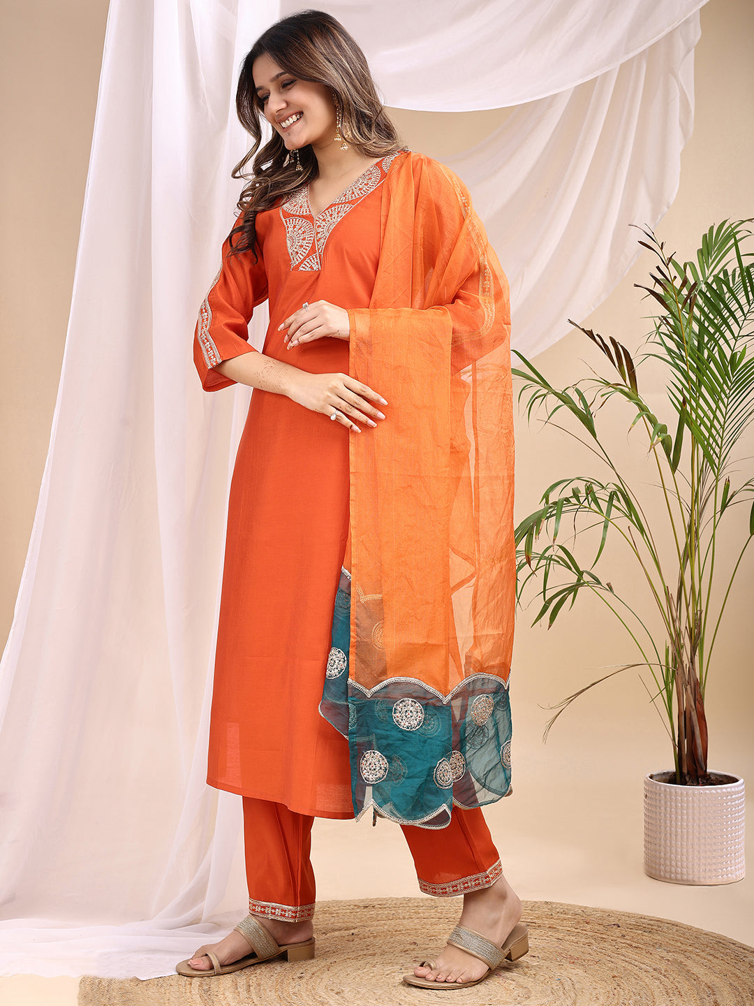 Rust Orange Embroidered Silk Kurta Set with Teal Border Organza Dupatta 3 Piece Festive Suit