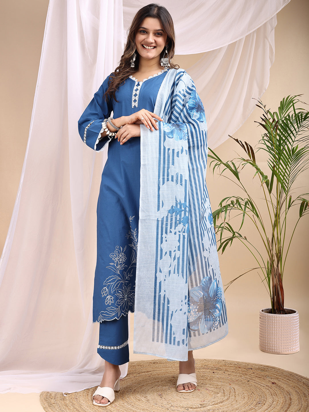 Ocean Blue Cotton Silk Straight Kurta with White Floral Embroidery and Scalloped Hemline