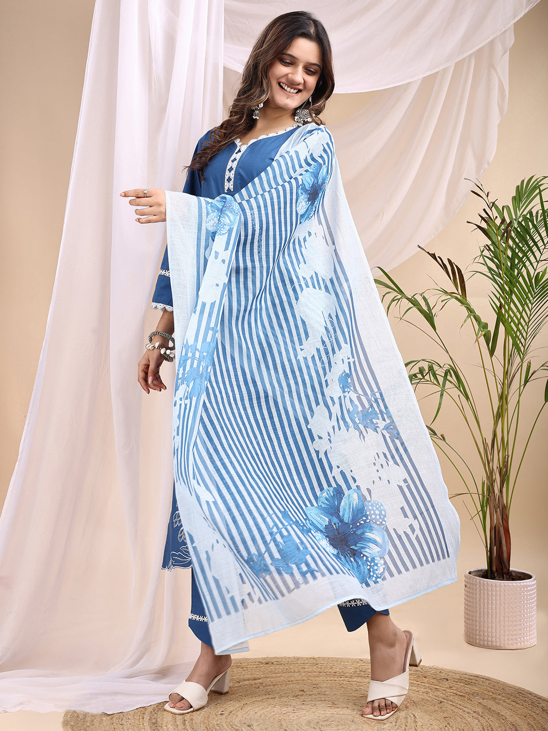 Ocean Blue Cotton Silk Straight Kurta with White Floral Embroidery and Scalloped Hemline