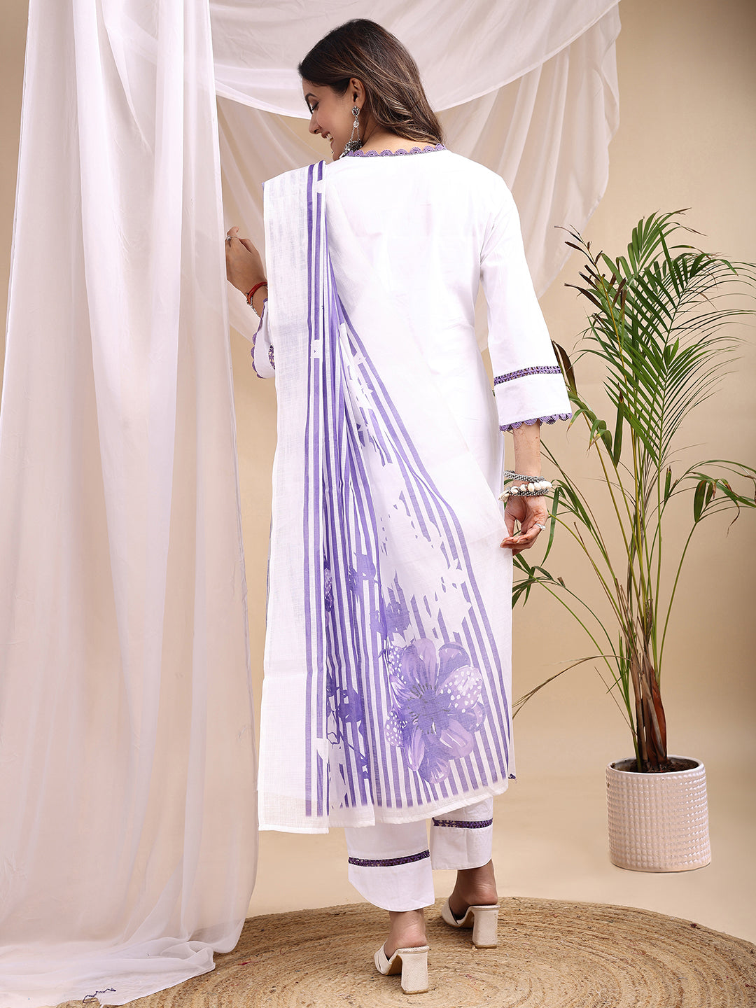 White Cotton Silk Straight Kurta with White Floral Embroidery and Scalloped Hemline