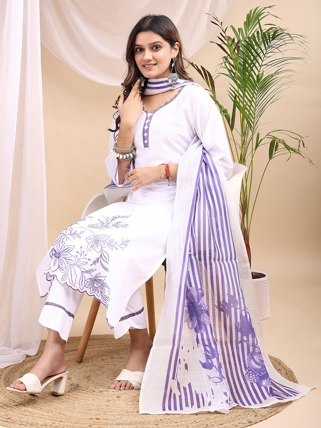White Cotton Silk Straight Kurta with White Floral Embroidery and Scalloped Hemline
