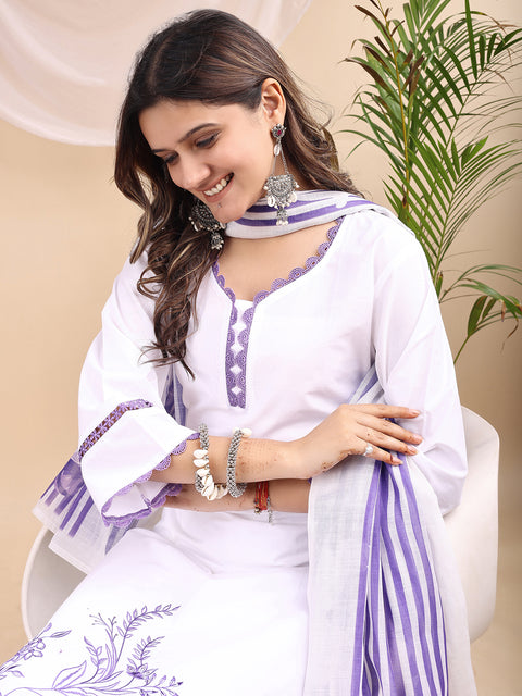 White Cotton Silk Straight Kurta with White Floral Embroidery and Scalloped Hemline