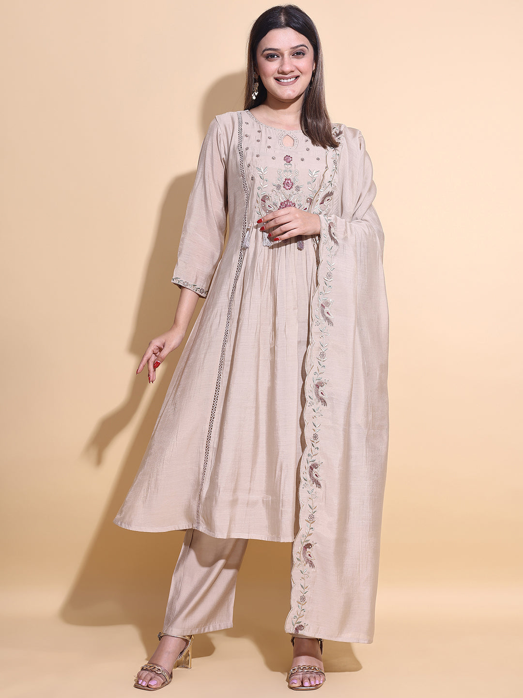 Hand-Embroidered Anarkali Kurta Set with Dupatta - 3 Piece