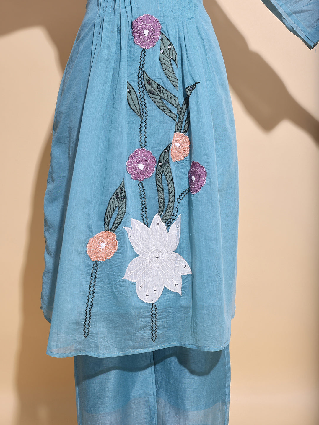 Blue Handcrafted Applique Floral Suit Set with Pintuck Detailing