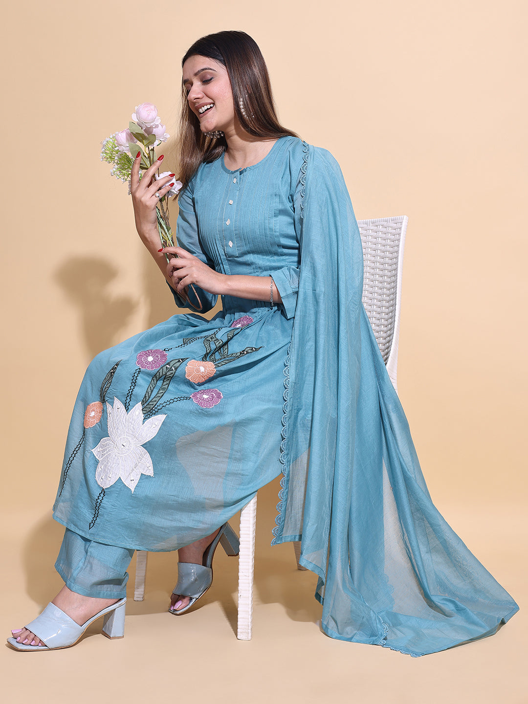 Blue Handcrafted Applique Floral Suit Set with Pintuck Detailing