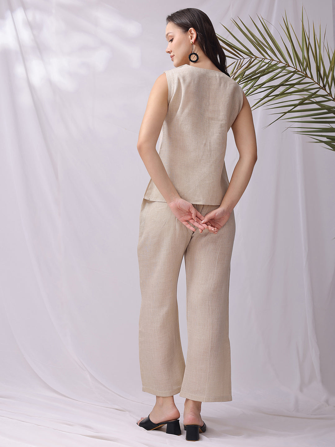 Beige Handwork Embroidery Linen Co-ord Set