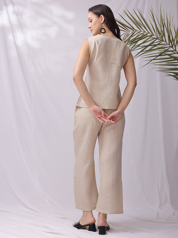 Beige Handwork Embroidery Linen Co-ord Set