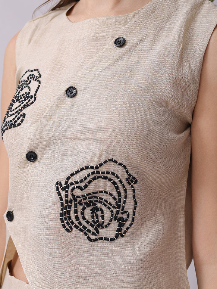 Beige Handwork Embroidery Linen Co-ord Set