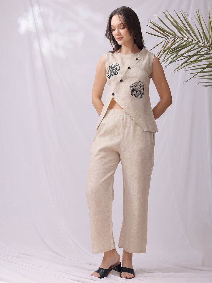 Beige Handwork Embroidery Linen Co-ord Set