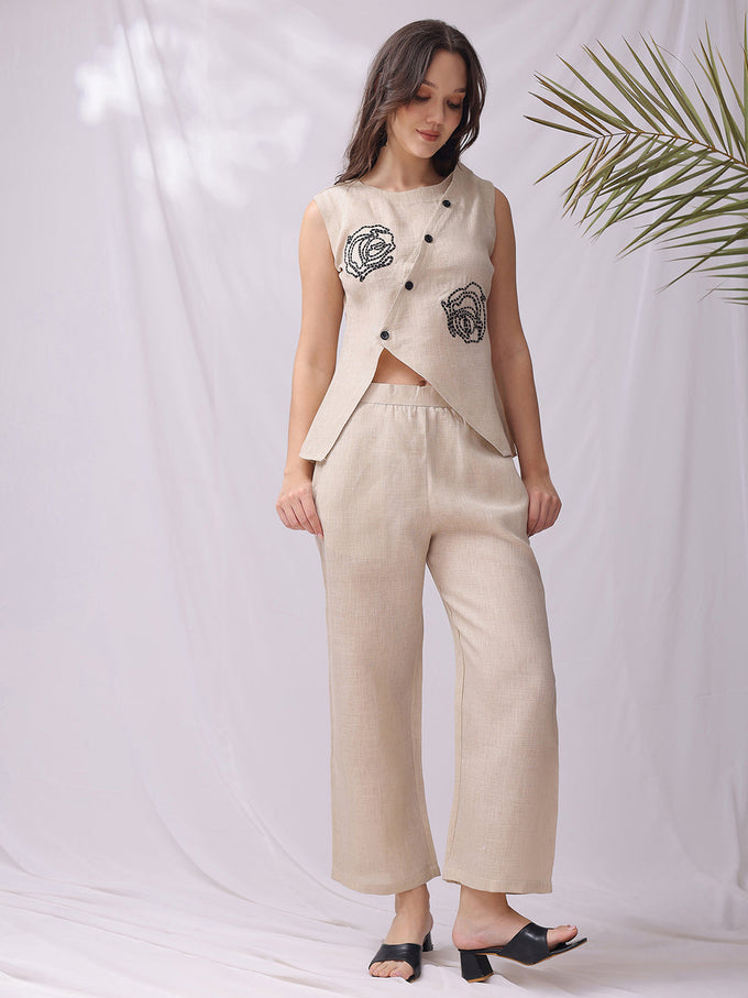 Beige Handwork Embroidery Linen Co-ord Set