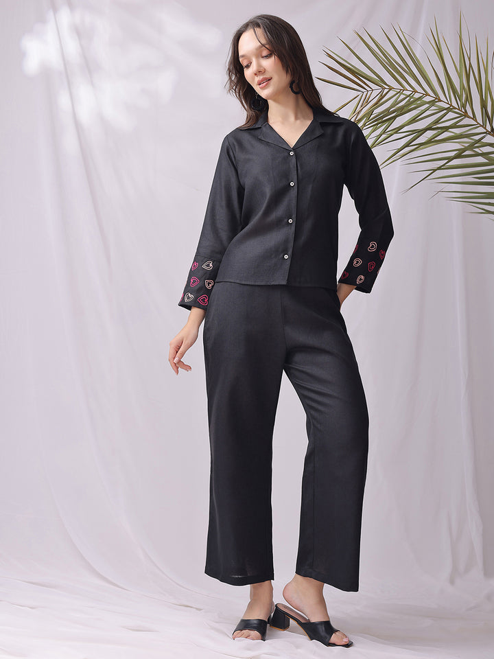 Balck Handwork Embroidery Linen Co-ord Set