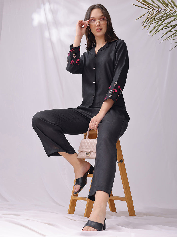 Balck Handwork Embroidery Linen Co-ord Set