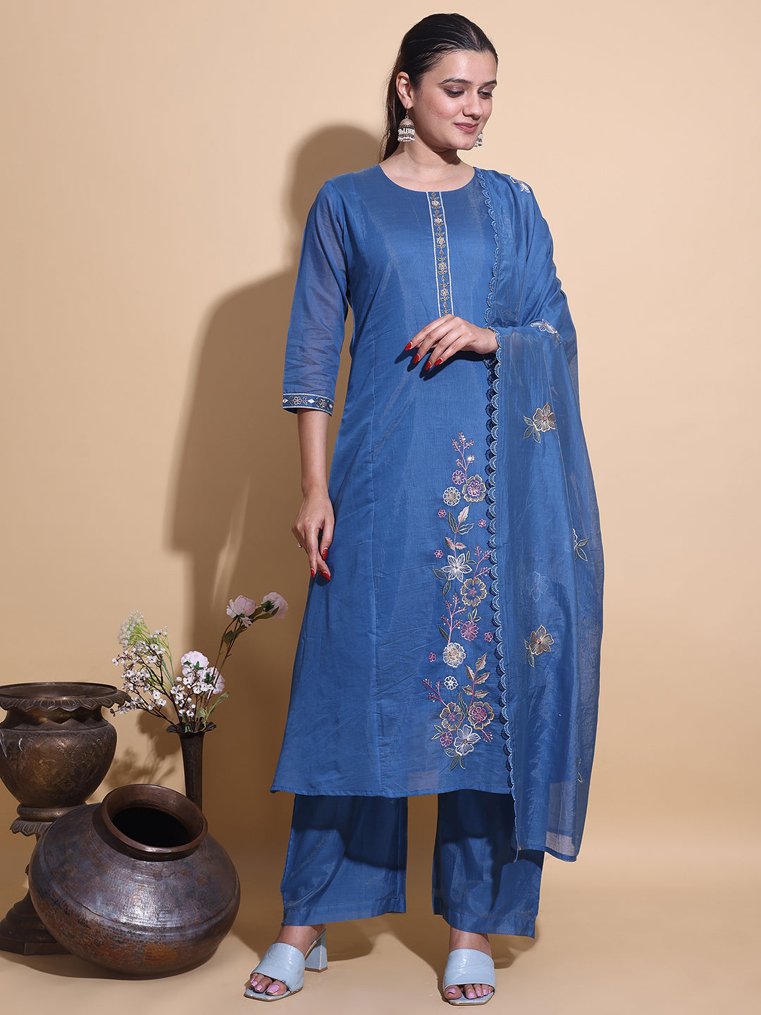 Deep Blue Floral Hand-Embroidered Kurta Set