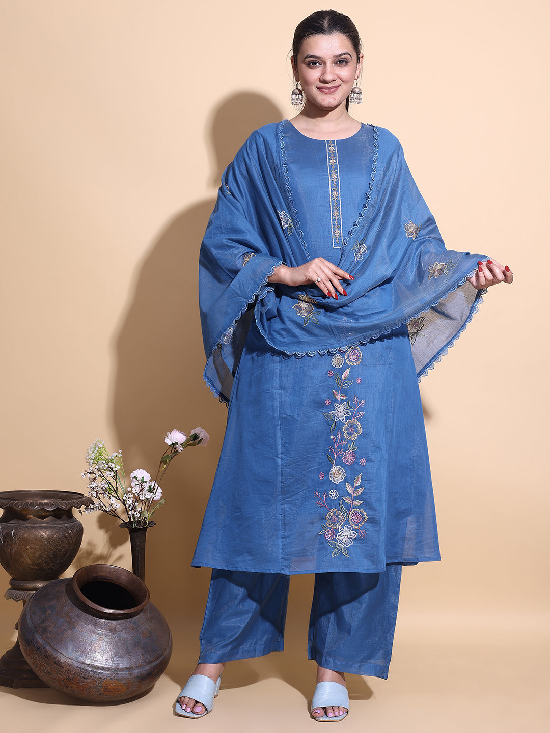Deep Blue Floral Hand-Embroidered Kurta Set