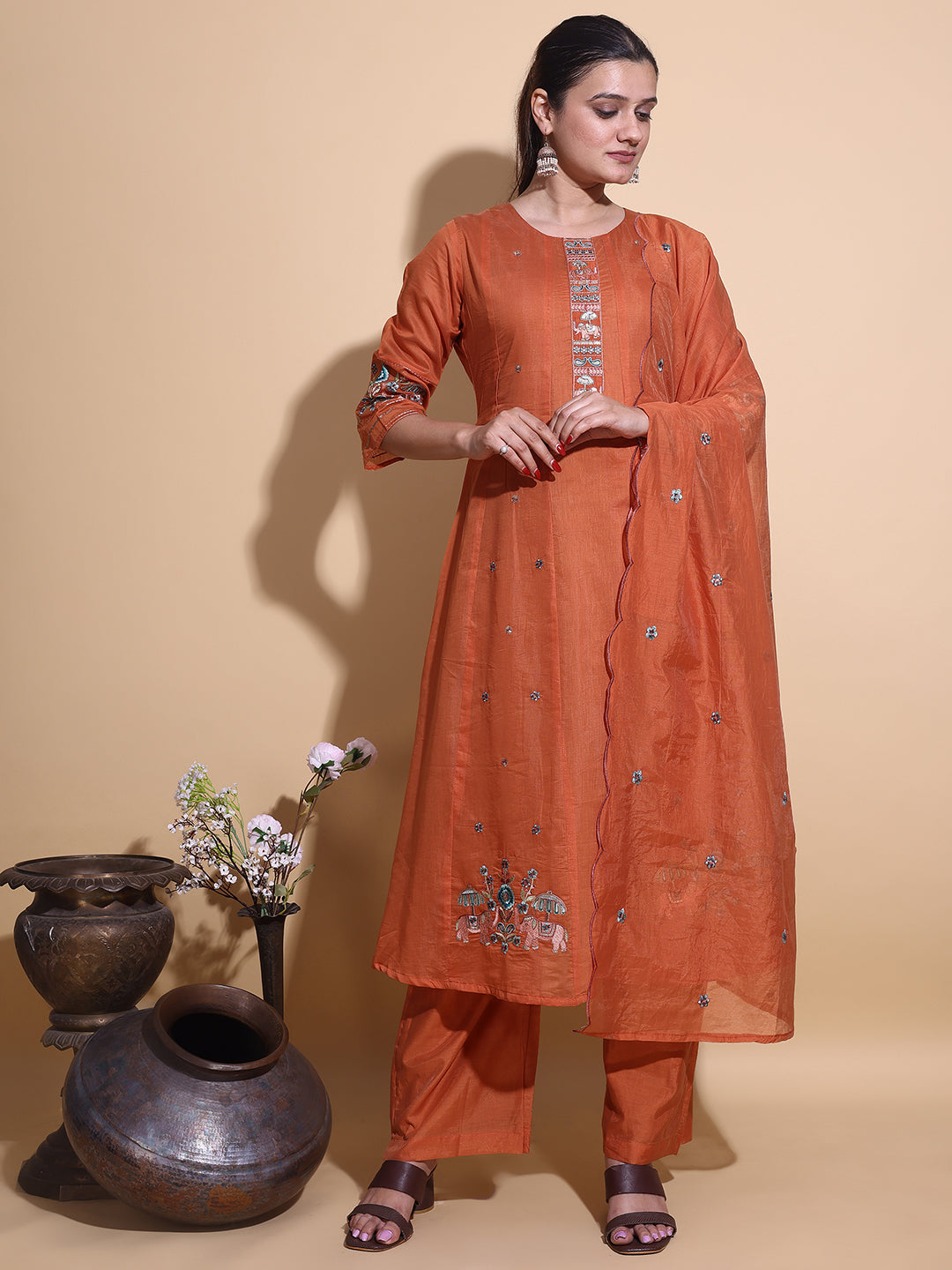 Rust Orange Silk Hand-Embroidered Kurta Set with Elephant Motifs - 3 Piece