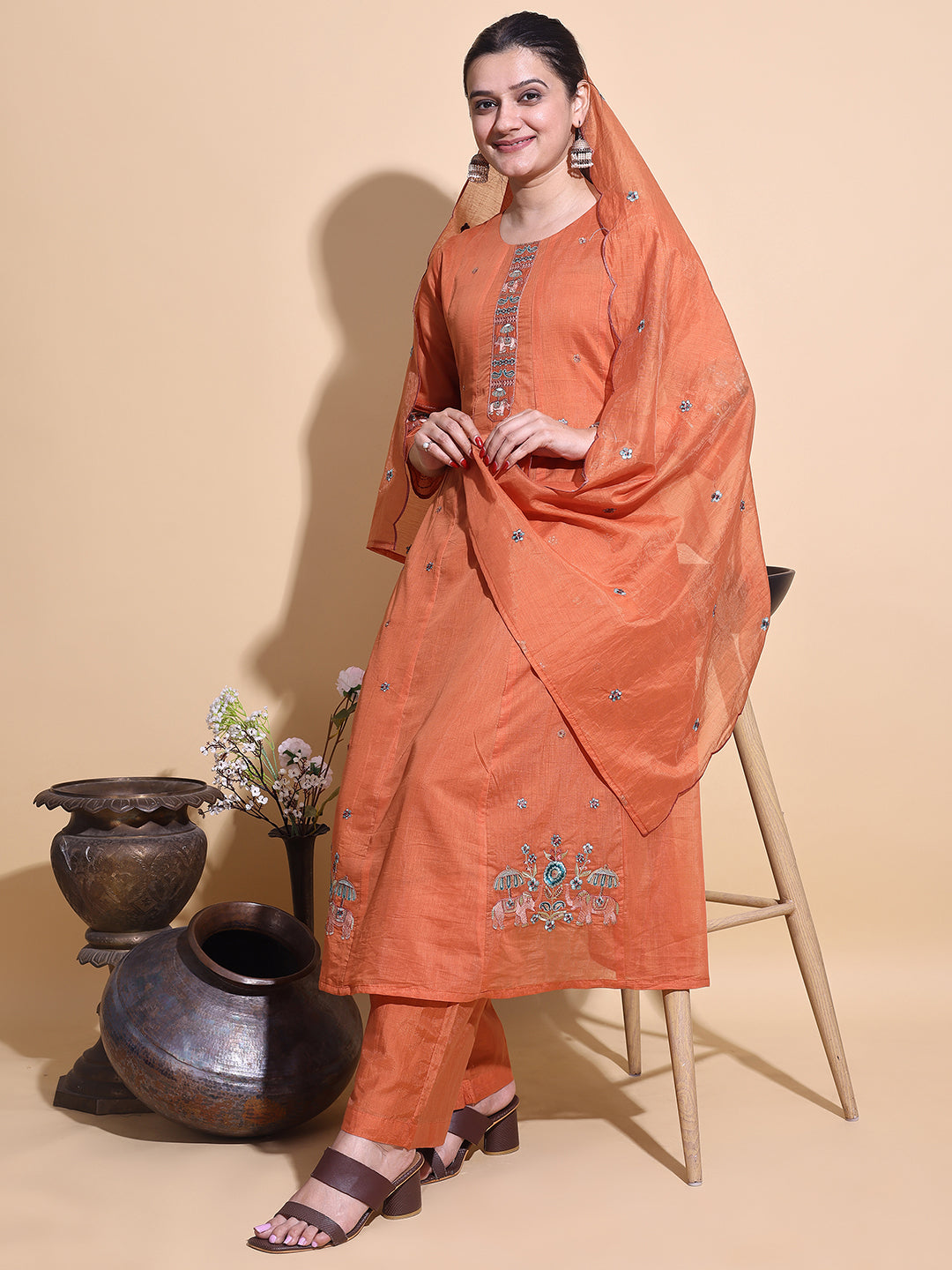 Rust Orange Silk Hand-Embroidered Kurta Set with Elephant Motifs - 3 Piece
