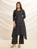 Black Sophisticated Swirl: Pure Cotton Asymmetrical Hem Kurta Set