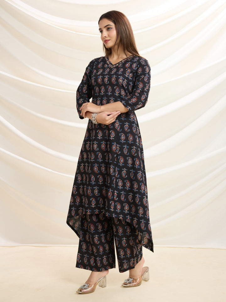 Black Sophisticated Swirl: Pure Cotton Asymmetrical Hem Kurta Set