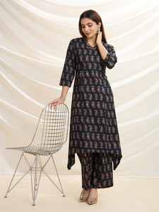 Black Sophisticated Swirl: Pure Cotton Asymmetrical Hem Kurta Set
