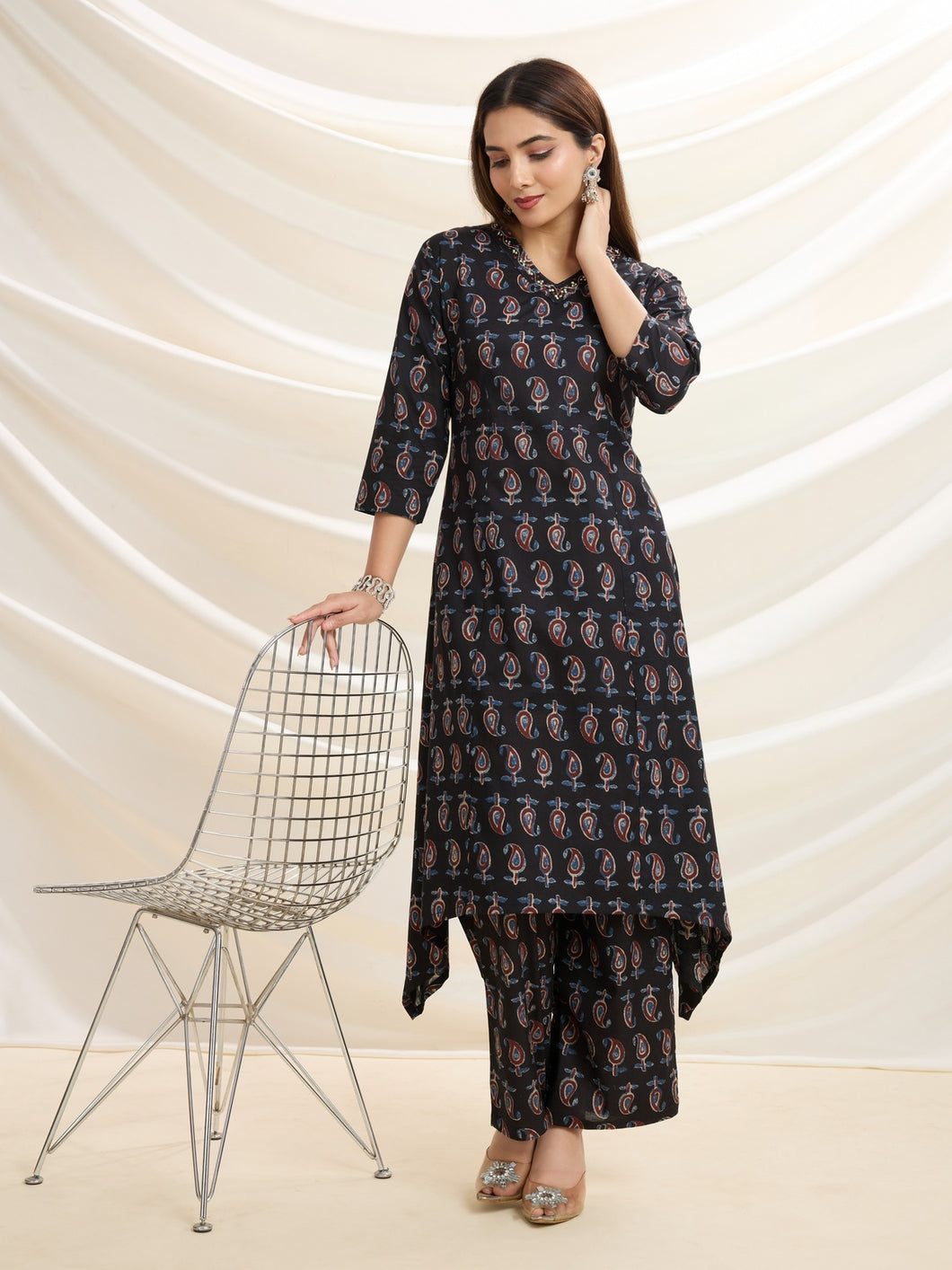 Black Sophisticated Swirl: Pure Cotton Asymmetrical Hem Kurta Set