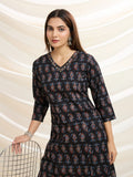 Black Sophisticated Swirl: Pure Cotton Asymmetrical Hem Kurta Set