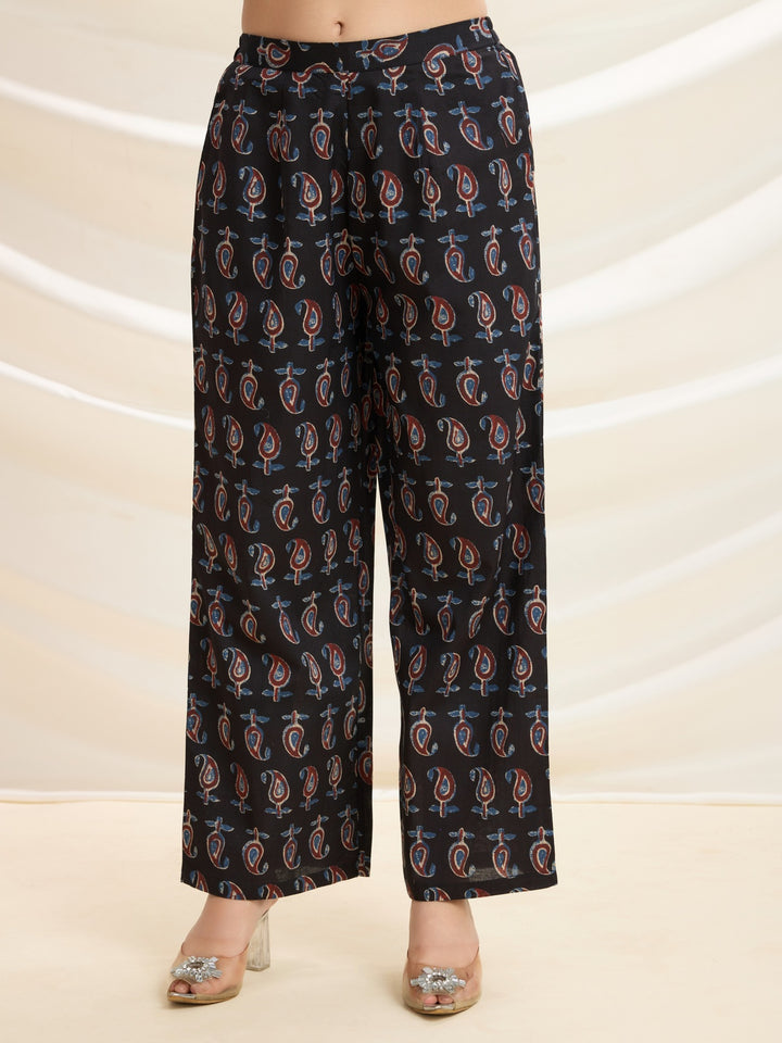 Black Sophisticated Swirl: Pure Cotton Asymmetrical Hem Kurta Set