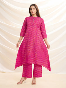 Rani Pink Pop: Mirror-Detailed Pure Cotton Asymmetrical Kurta Set