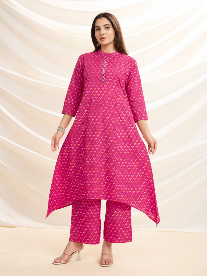 Rani Pink Pop: Mirror-Detailed Pure Cotton Asymmetrical Kurta Set