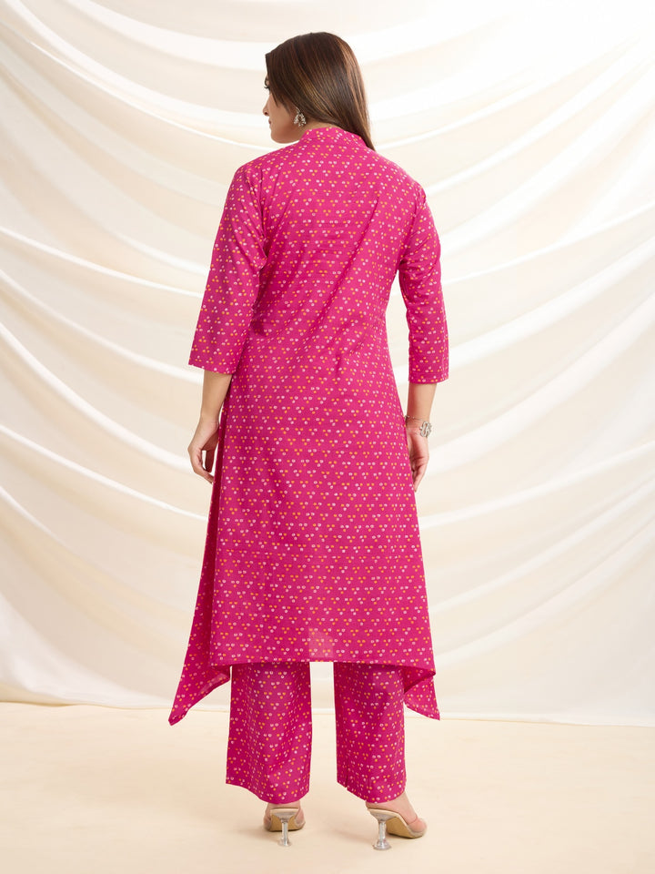 Rani Pink Pop: Mirror-Detailed Pure Cotton Asymmetrical Kurta Set