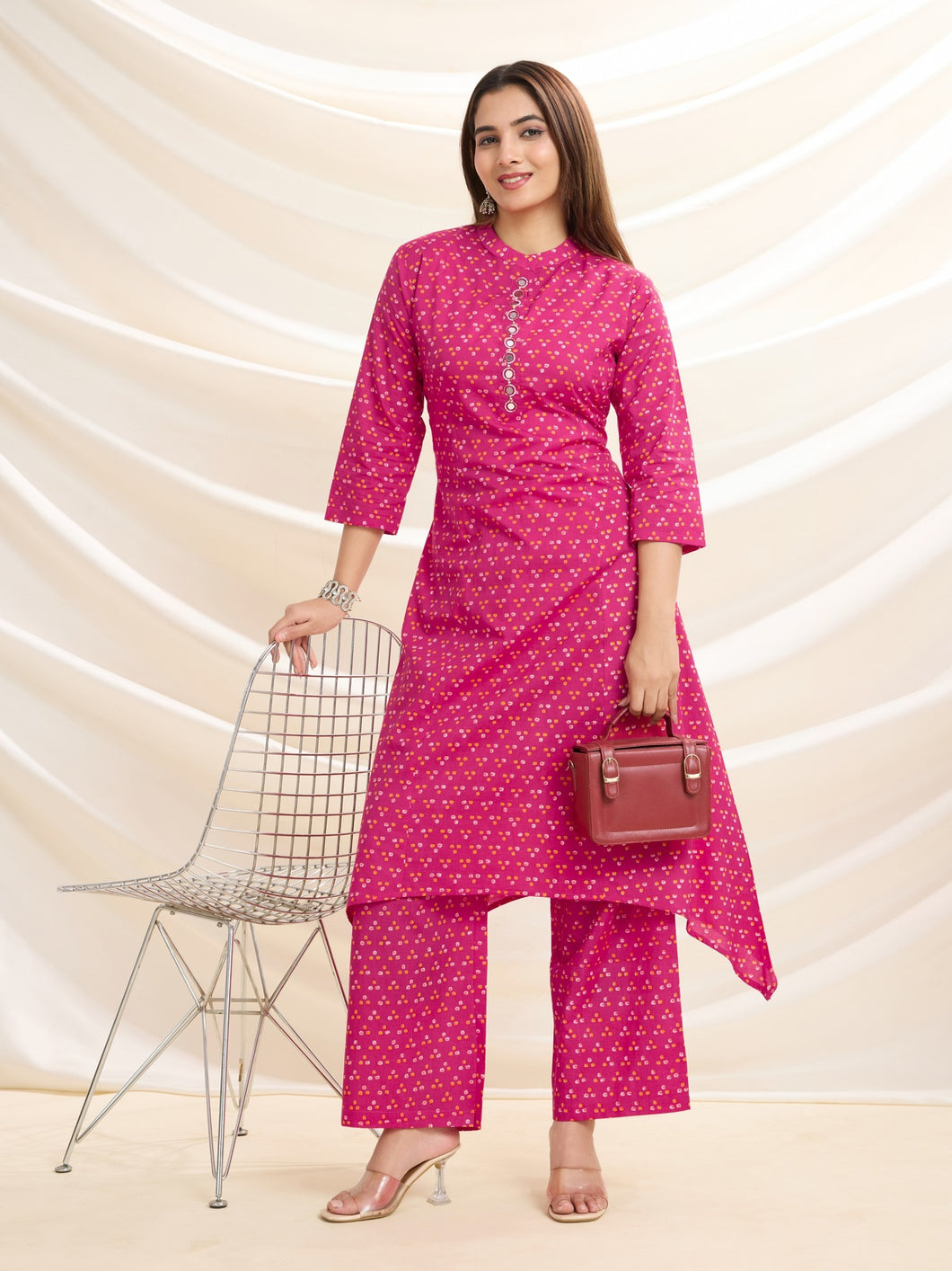 Rani Pink Pop: Mirror-Detailed Pure Cotton Asymmetrical Kurta Set