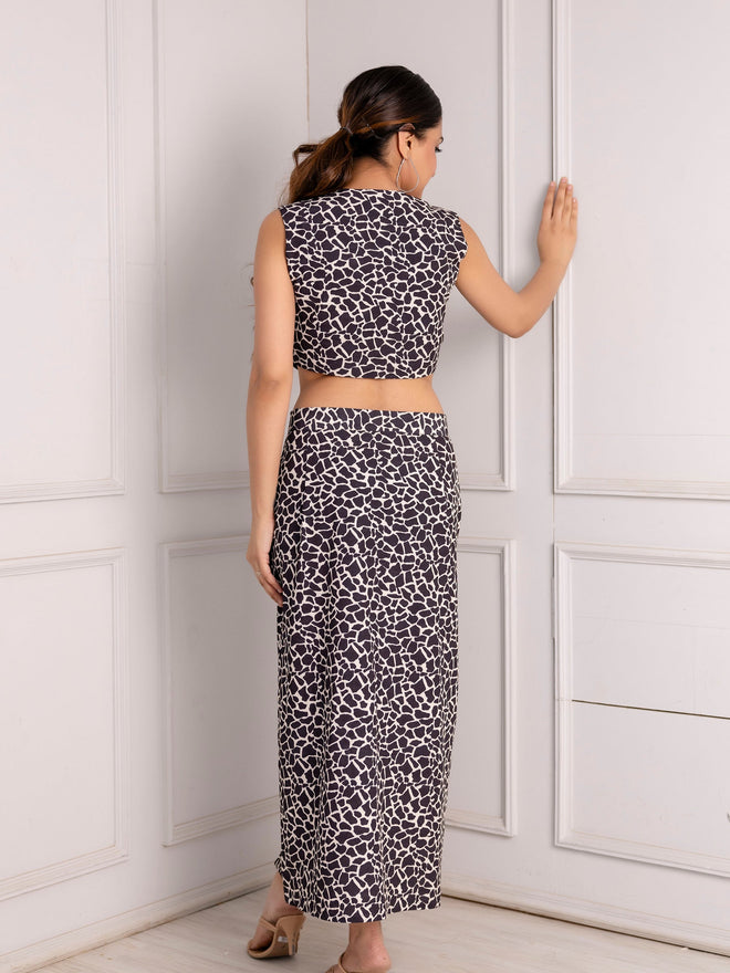 Black Abstract Print Crop Top and Midi Skirt Set