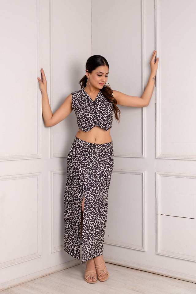 Black Abstract Print Crop Top and Midi Skirt Set