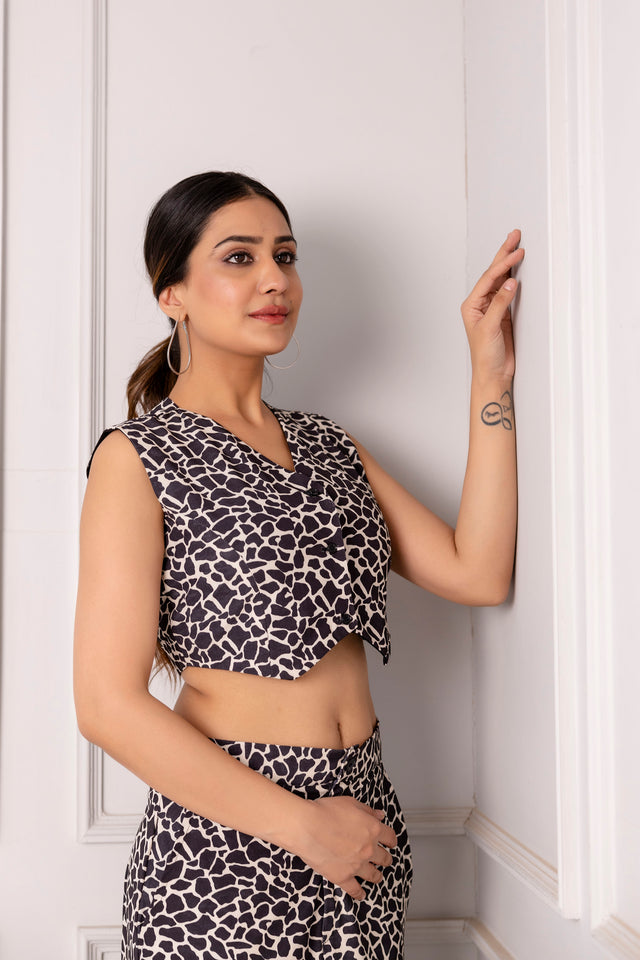 Black Abstract Print Crop Top and Midi Skirt Set