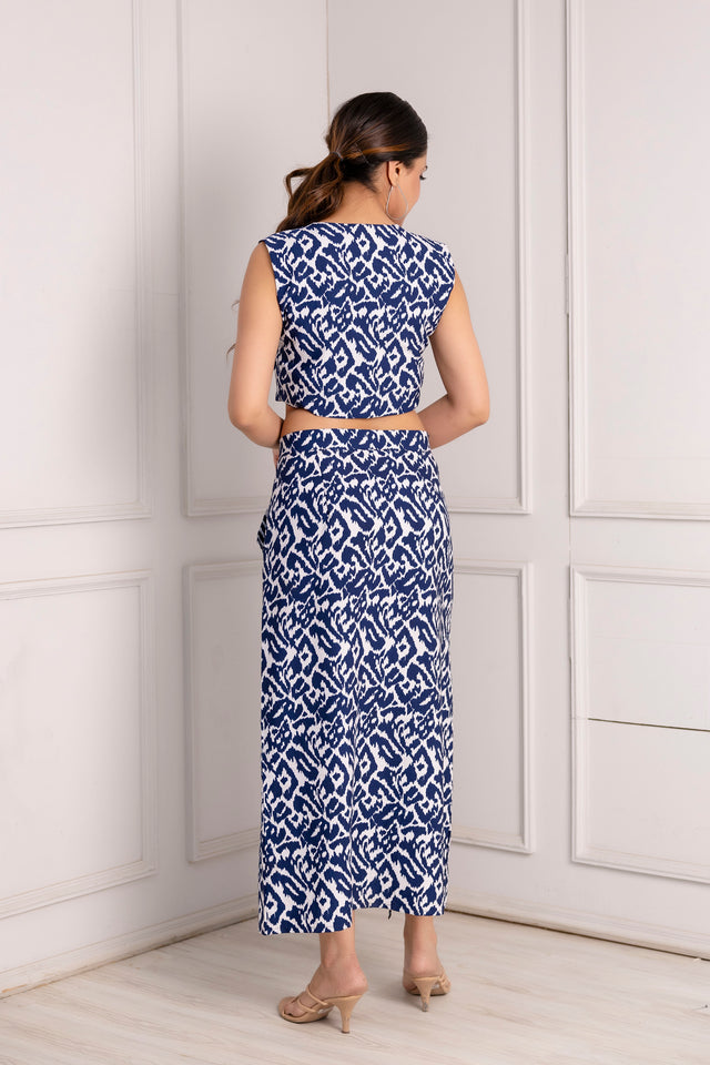 Blue and White Abstract Print Crop Top and Midi Skirt Set