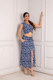 Blue and White Abstract Print Crop Top and Midi Skirt Set