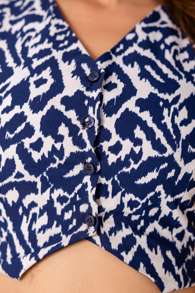 Blue and White Abstract Print Crop Top and Midi Skirt Set