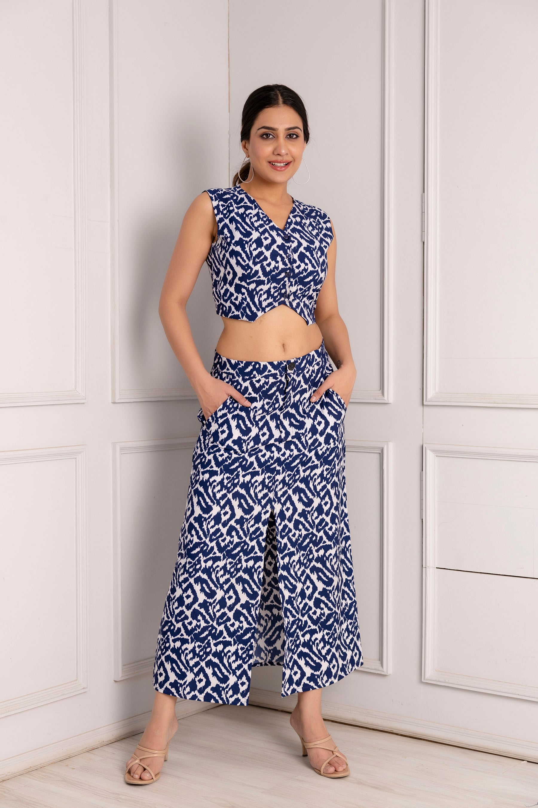 Blue and White Abstract Print Crop Top and Midi Skirt Set